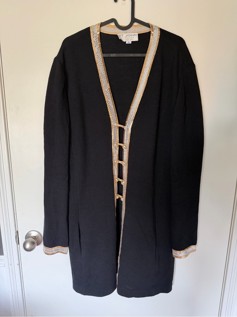 St. John Black Knit Open-Front Cardigan with Gold and Silver Trim